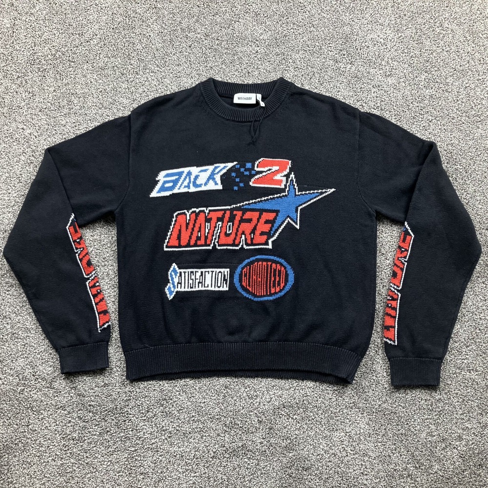 WEEKDAY Sweater‎ Adult Medium Knit Embroidered Graphic Moto Retro Y2K